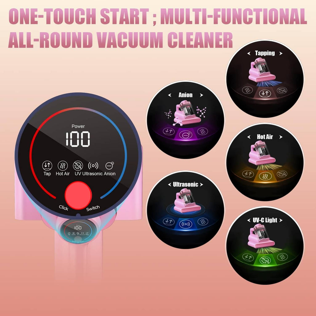 Pink handheld vacuum cleaner with one-touch control dial and multi-function buttons