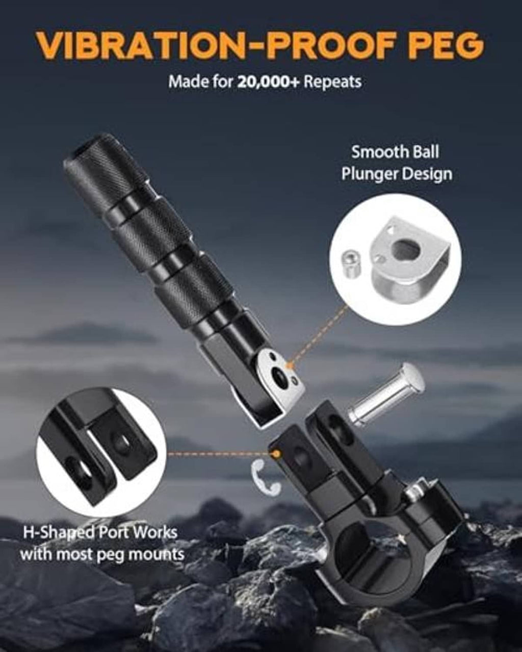 Black vibration-proof highway footpeg with ball plunger pivot mechanism