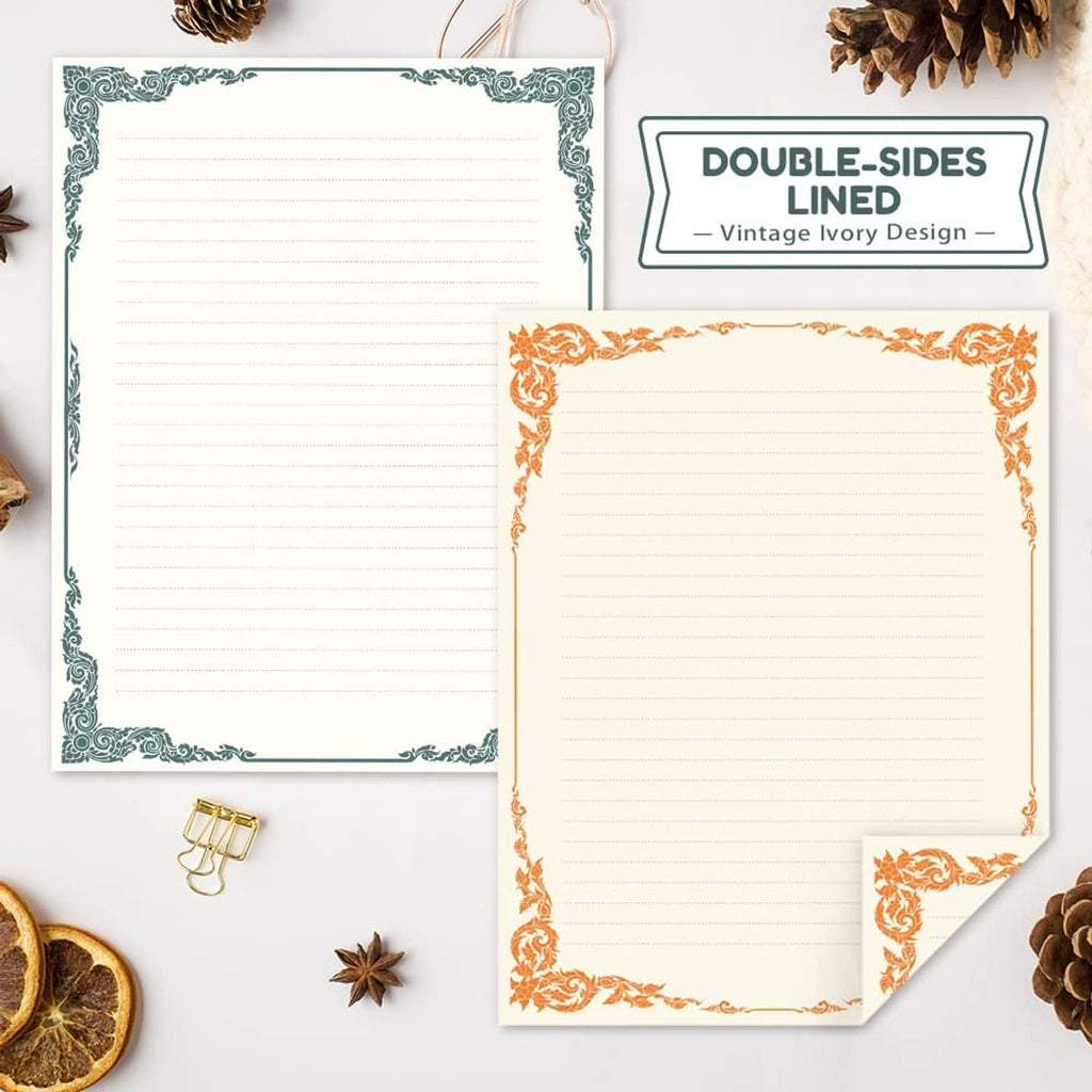 Ivory stationery set featuring two lined notecards with decorative teal and orange frames