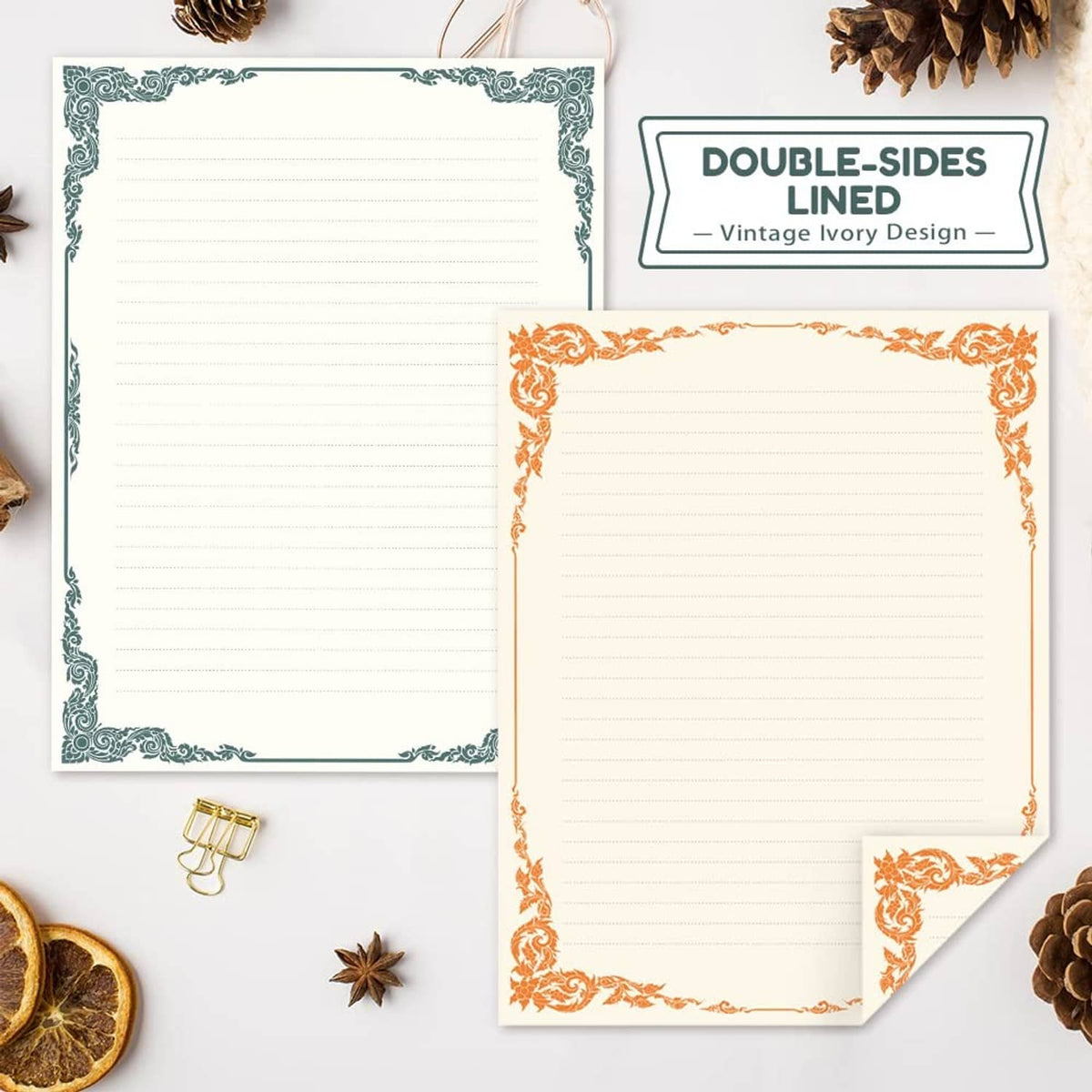 Ivory stationery set featuring two lined notecards with decorative teal and orange frames