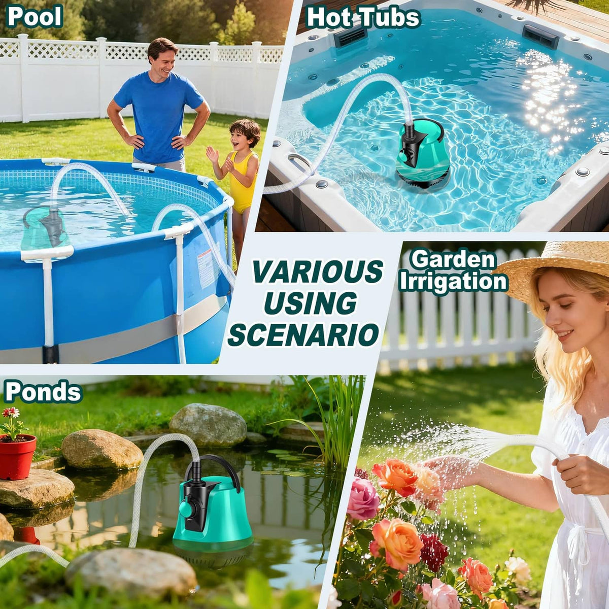 Submersible sump pump with teal housing and hose for outdoor water features