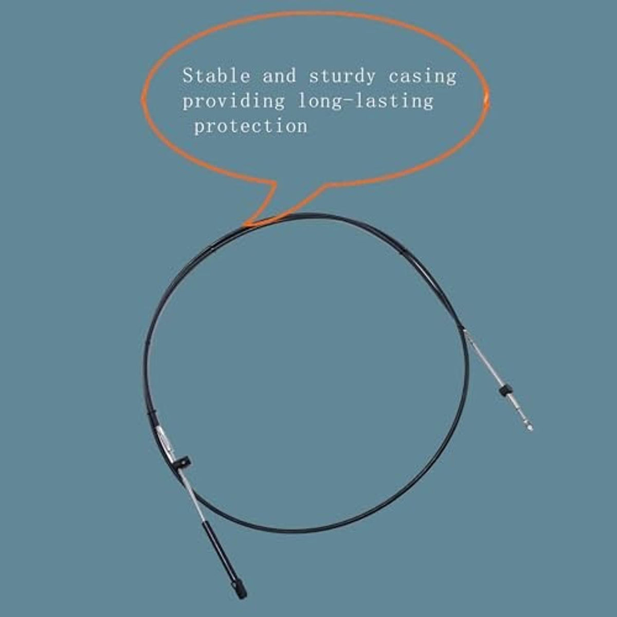 Boat control cable with black protective casing and metal terminal ends