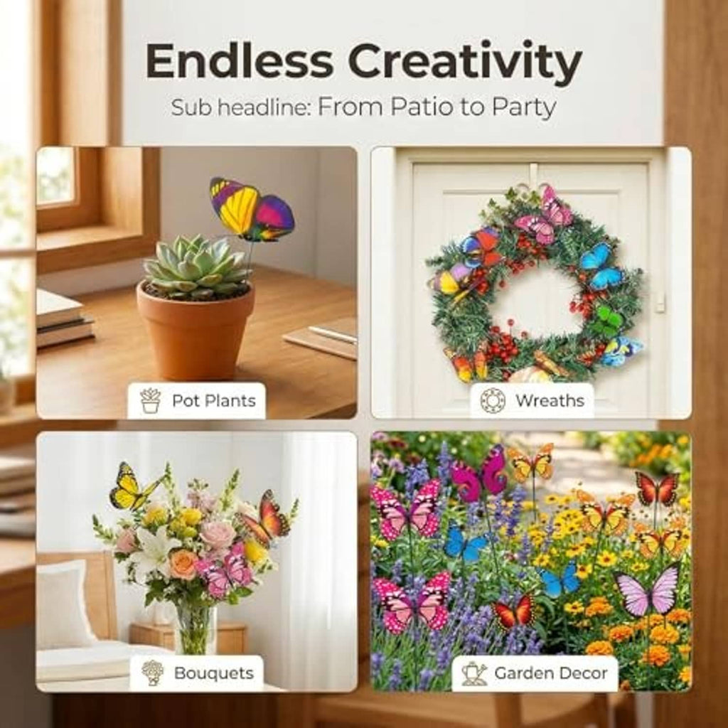 Colorful plastic butterfly picks for garden and event decoration on stems
