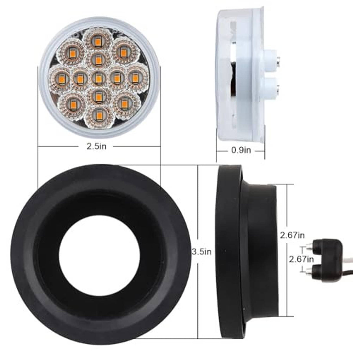 2.5-inch round LED side marker light with clear reflector and black rubber grommet; size diagram
