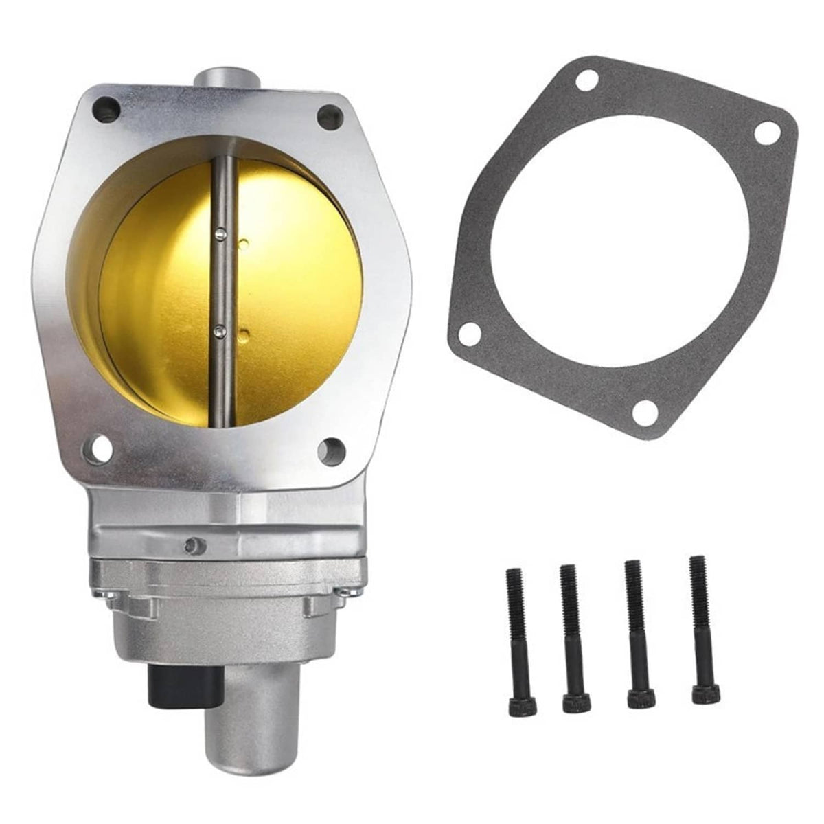 90mm throttle body with silver housing, gold bore, gasket plate, and mounting screws