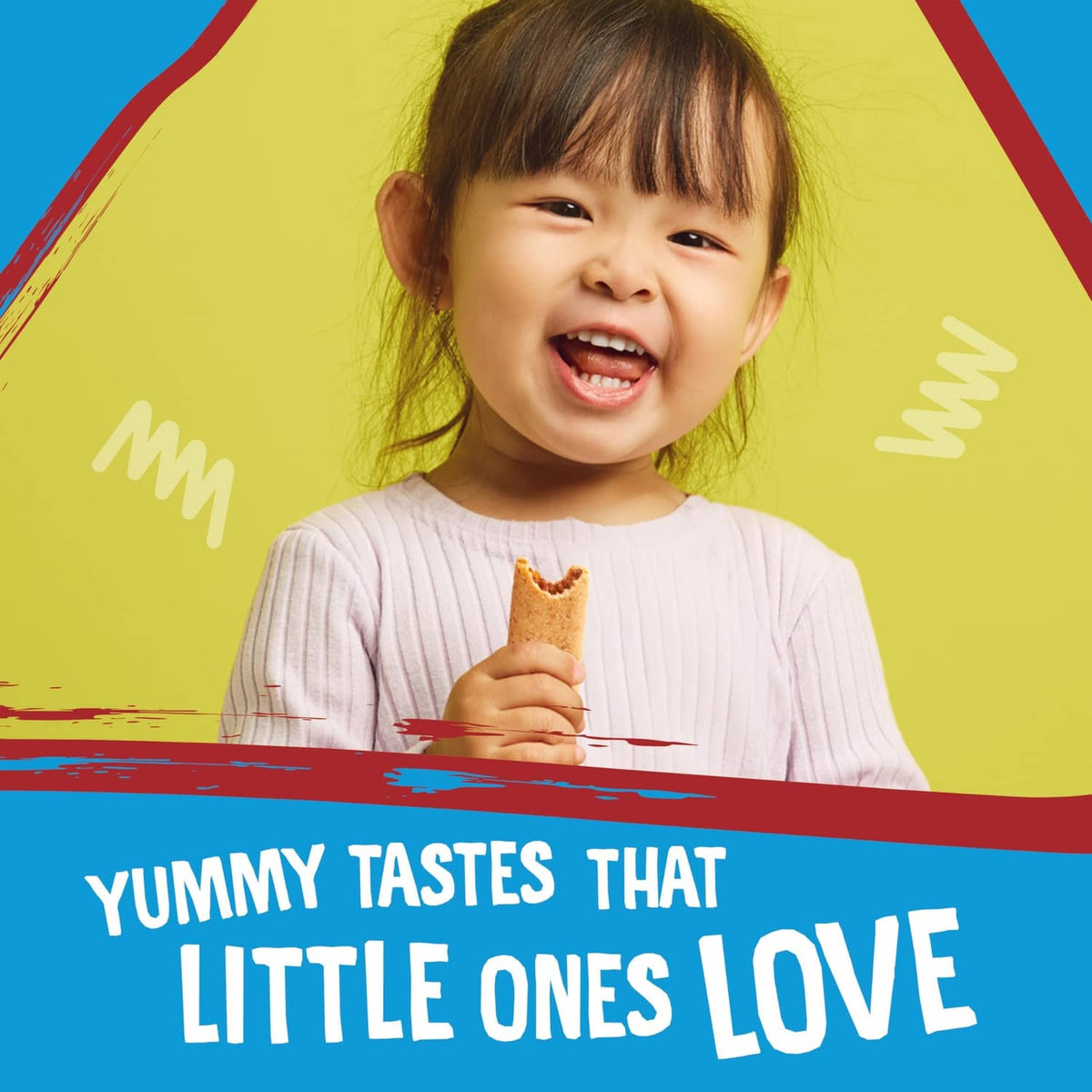 Toddler eating a snack bar; ad text Yummy tastes that little ones love