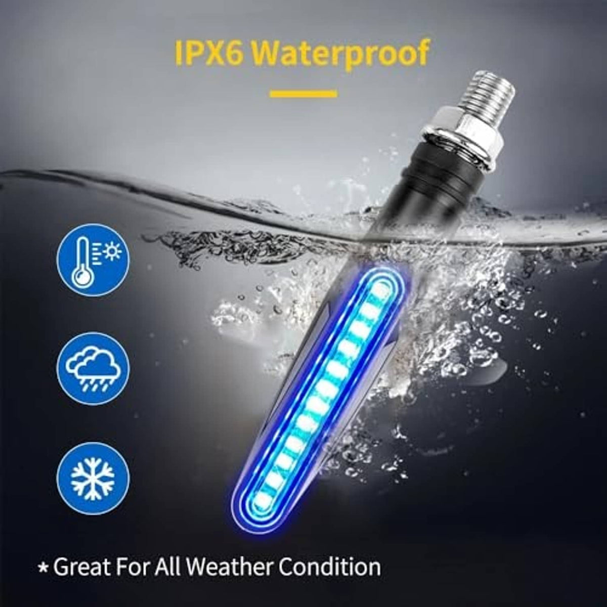 Black LED turn signal with blue-lit LED strip and threaded metal connector