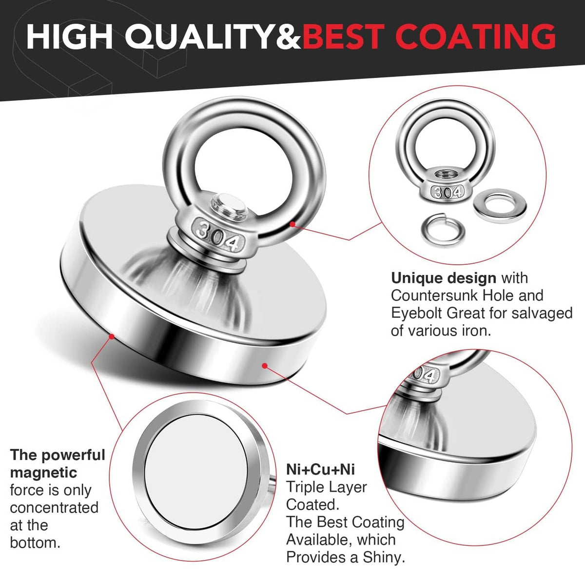 Stainless steel fishing magnet with ring handle, 304 stamp, and spare parts
