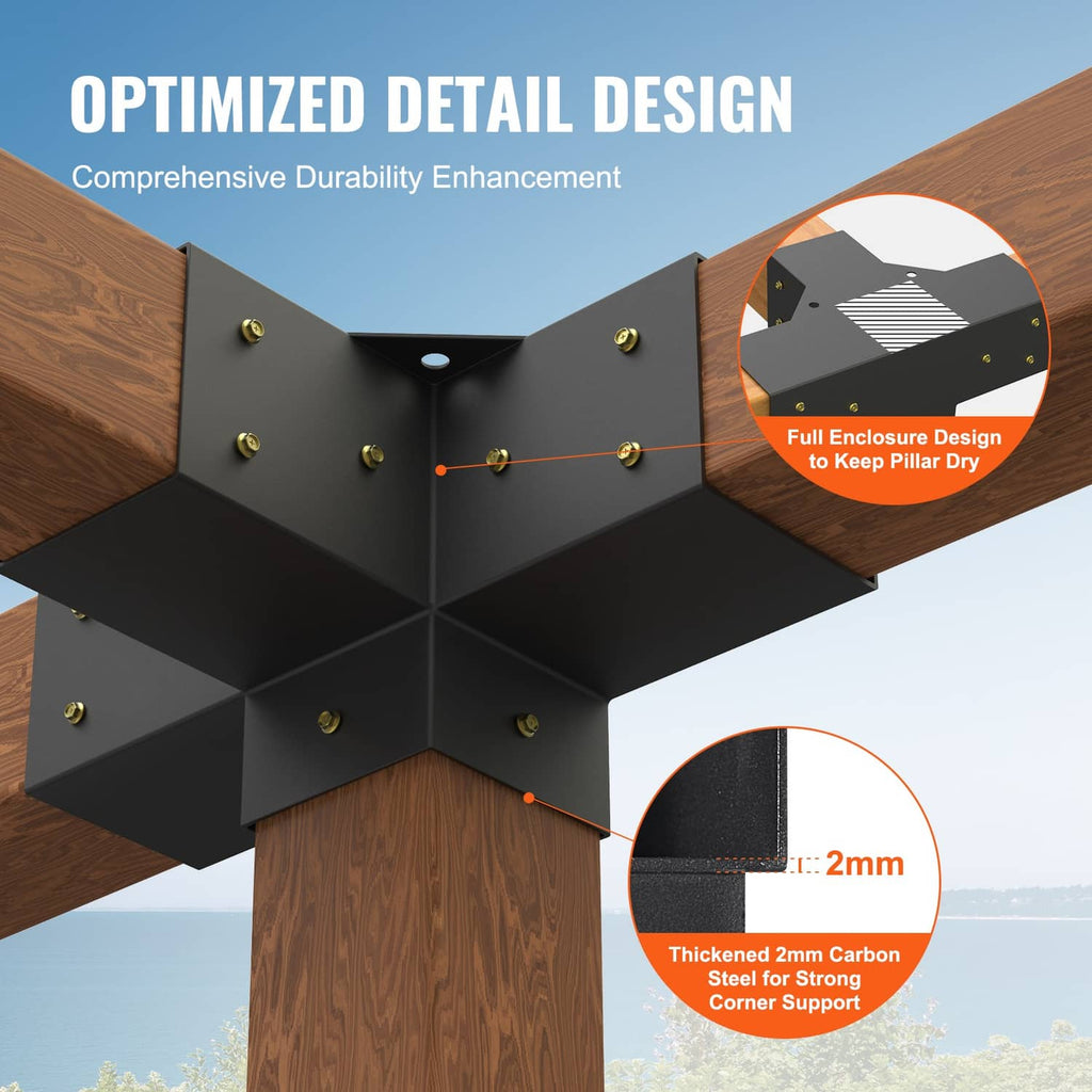 Black 4-way pergola corner bracket with full enclosure design and mounting holes