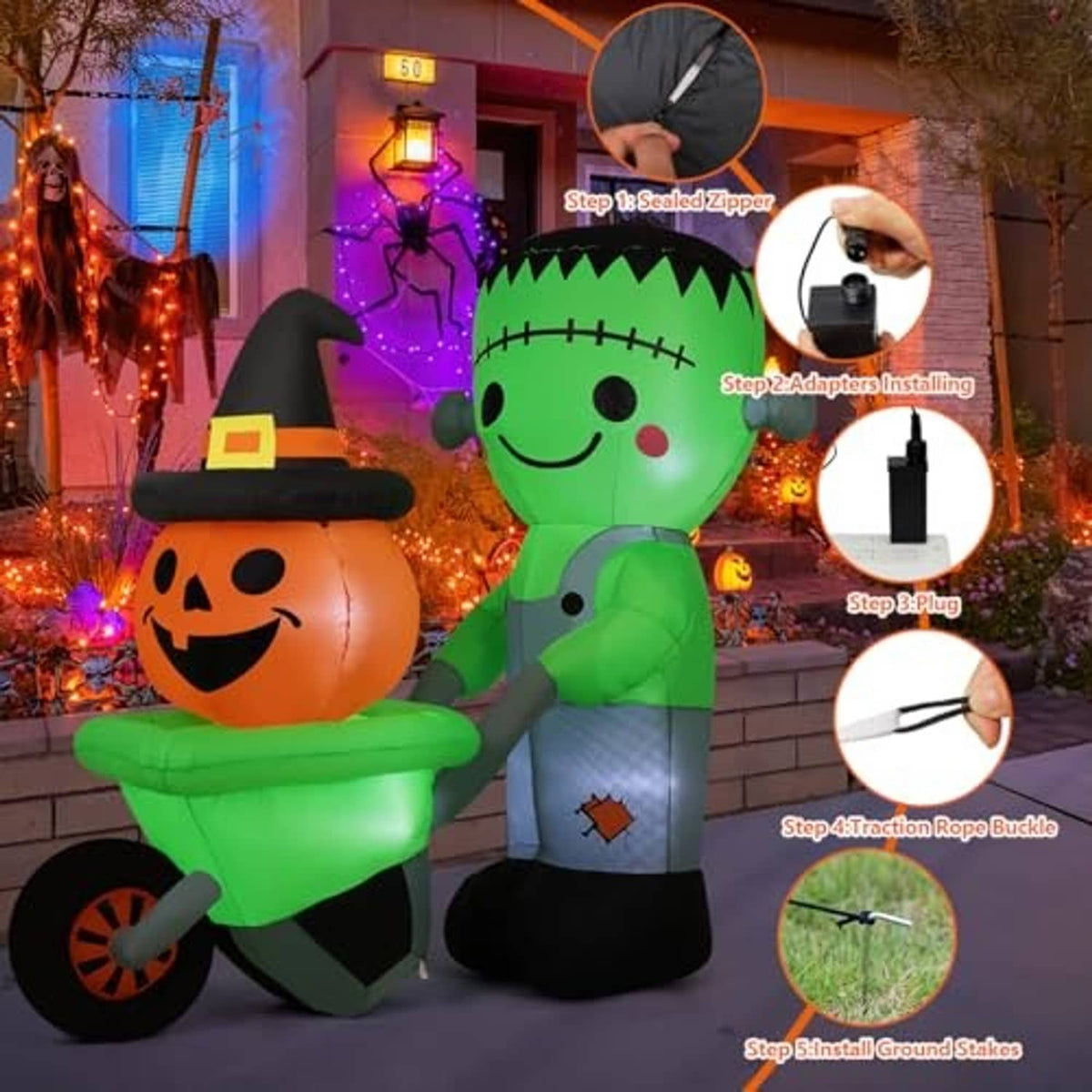 Green Frankenstein inflatable with orange pumpkin companion, bundled with power and anchor parts