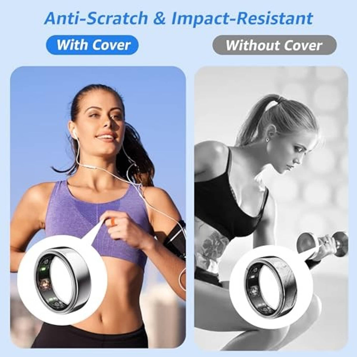 Anti-scratch silicone ring cover shown with covered vs uncovered ring comparison