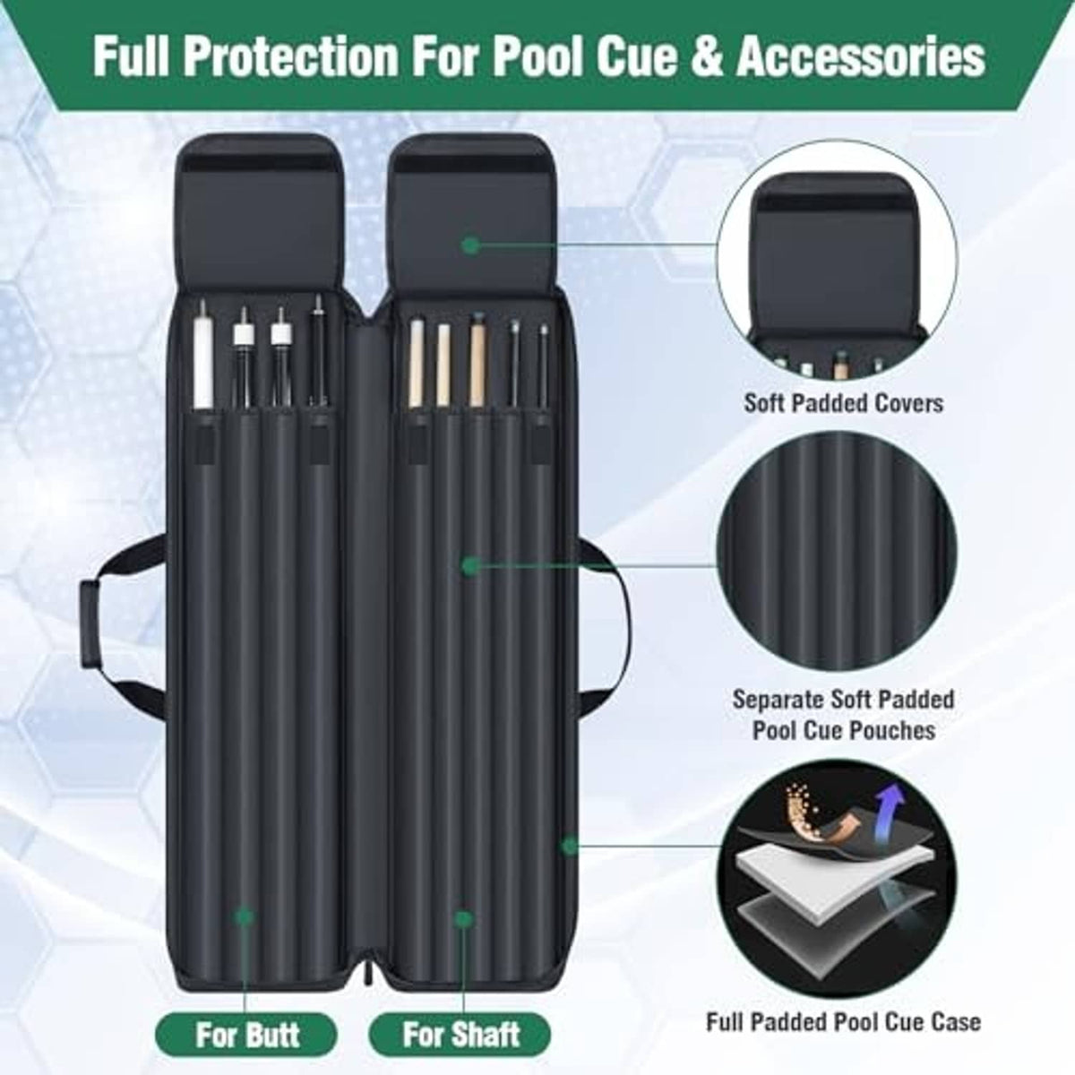 Dark padded pool cue case with two separate sections for butt and shaft cues
