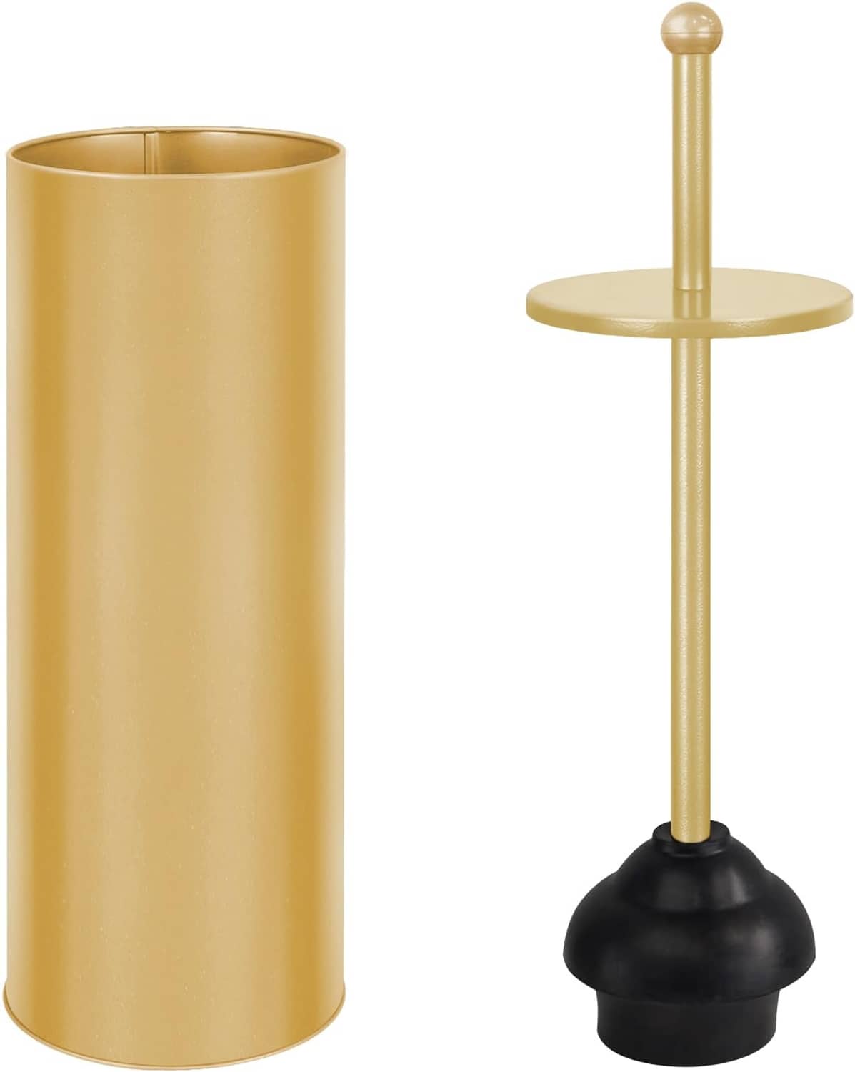 Gold toilet plunger with black rubber cup and matching holder, upright on base