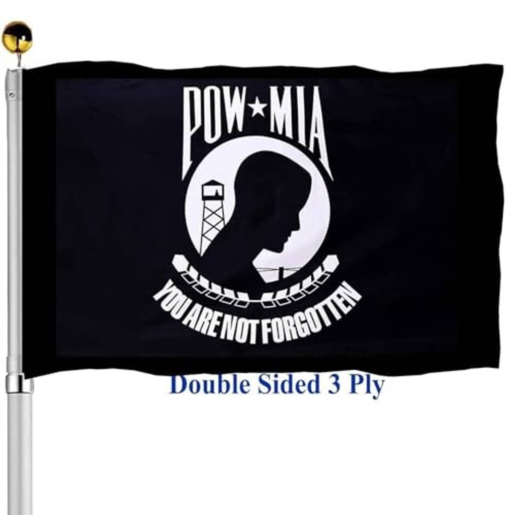 Black POW*MIA flag on metal pole with 'You are not forgotten' emblem