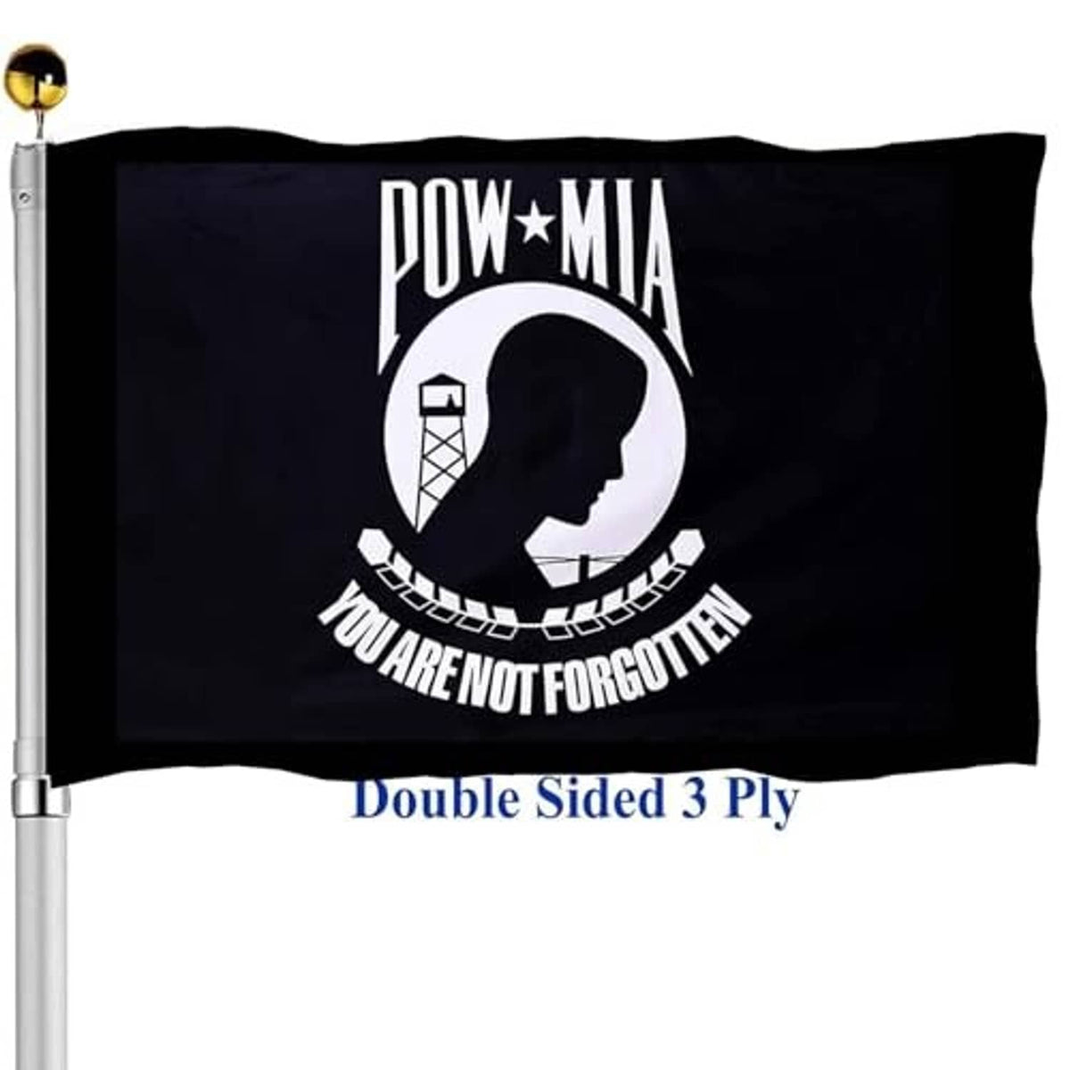 Black POW*MIA flag on metal pole with 'You are not forgotten' emblem
