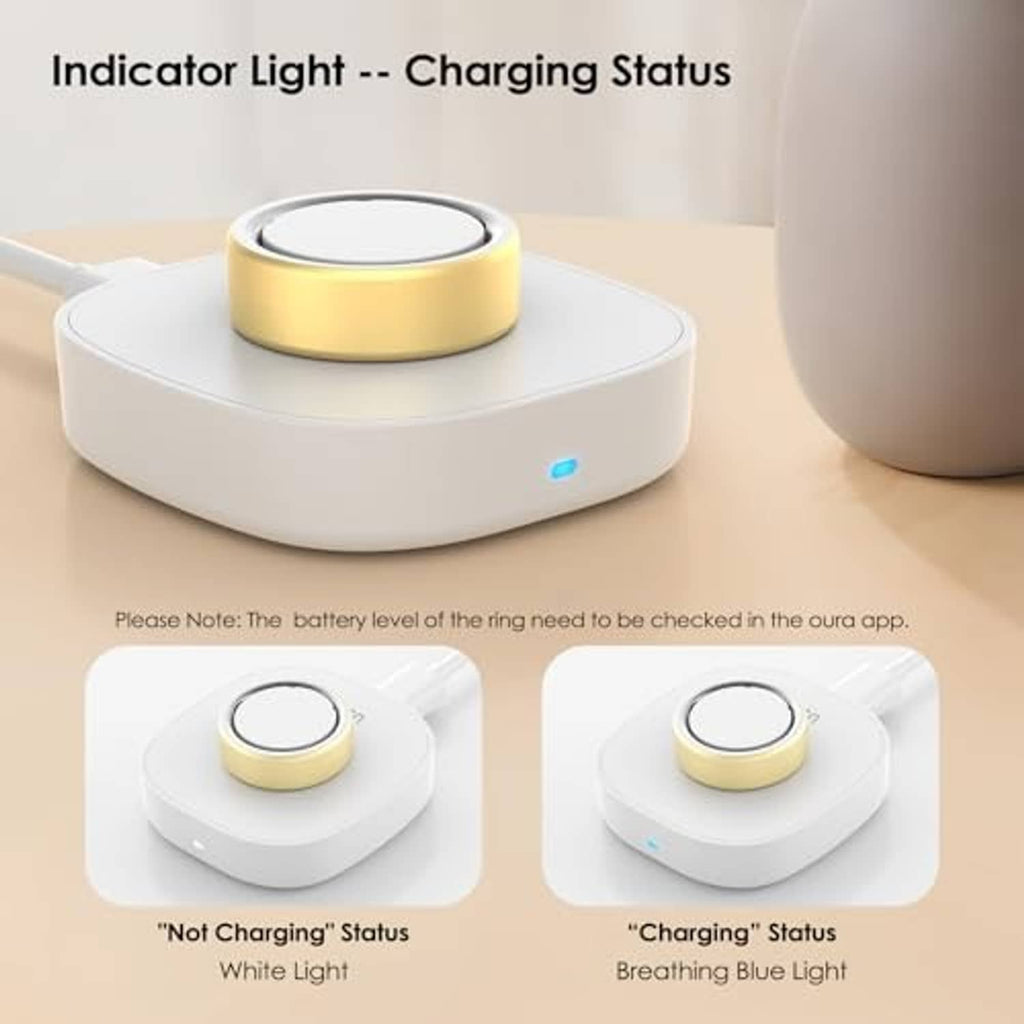 White charging dock base with blue indicator light and gold circular ring contact
