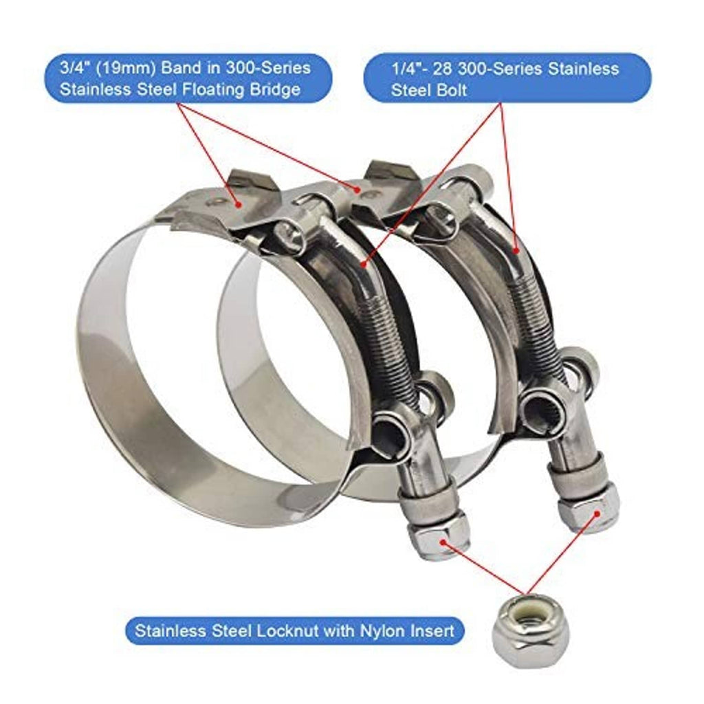 Stainless steel T-bolt hose clamp with bridge, spring band, and bolt head