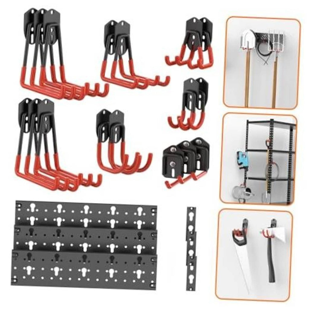 Set of garage wall storage hooks with black mounting tracks and red-orange U hooks