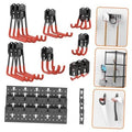 Set of garage wall storage hooks with black mounting tracks and red-orange U hooks