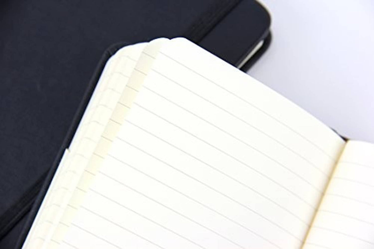 Newestor pocket notebook showing white ruled pages with dark cover