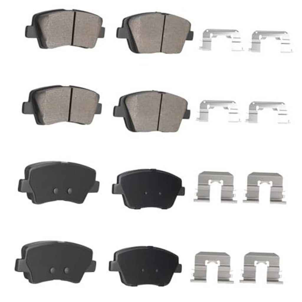Ceramic brake pads set with metal clips and shims; gray and black pad faces