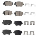 Ceramic brake pads set with metal clips and shims; gray and black pad faces