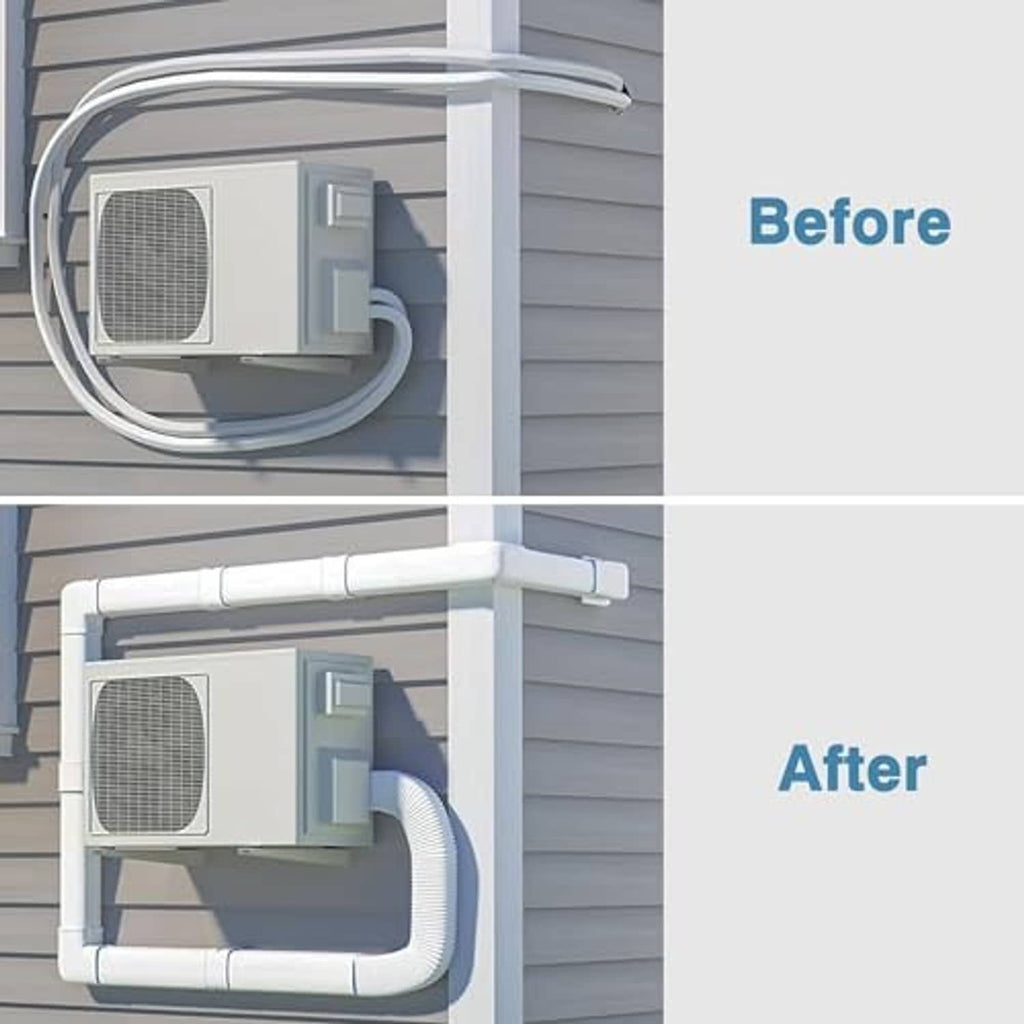 White PVC mini split line set cover installed on outdoor wall with flexible duct connection