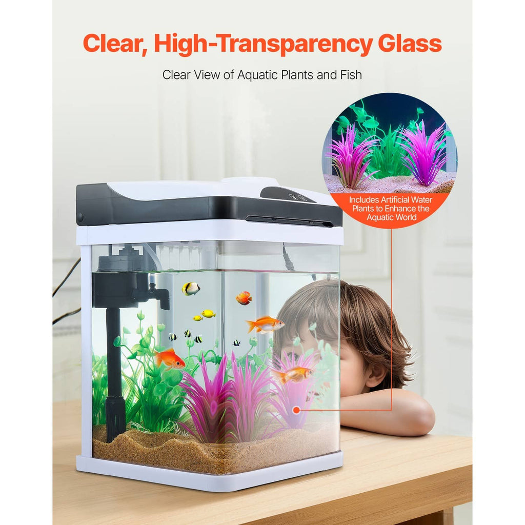 Square clear glass LED aquarium with green and pink artificial plants visible