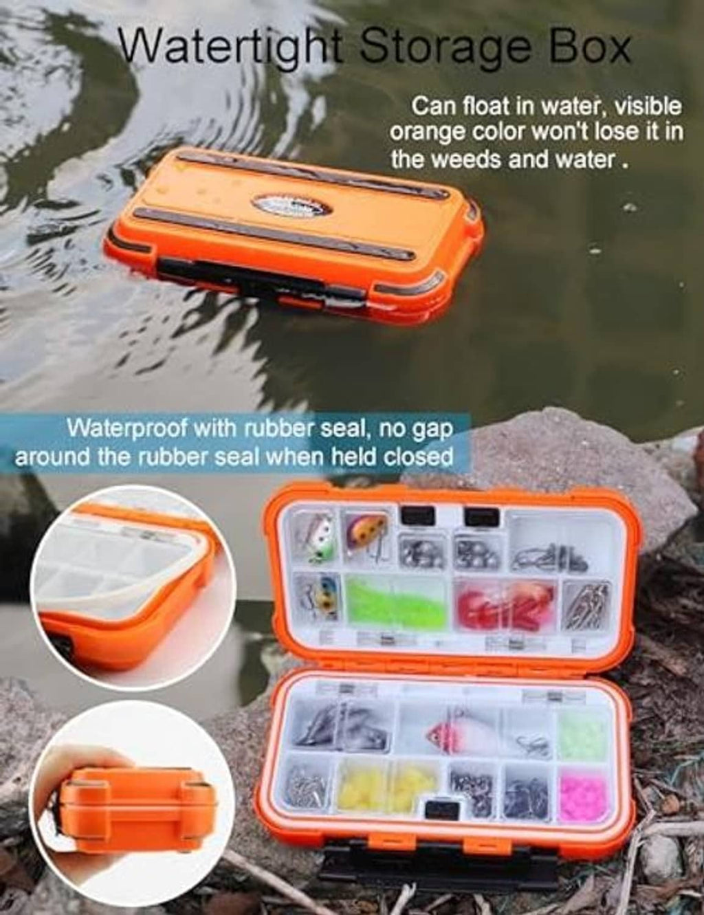 Orange watertight tackle box floating in water with lid closed and compartment view