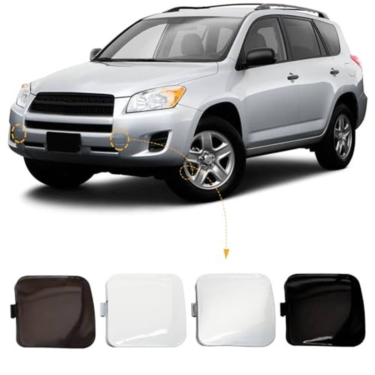 Front bumper tow hook cover caps, left driver side, unpainted, four square covers