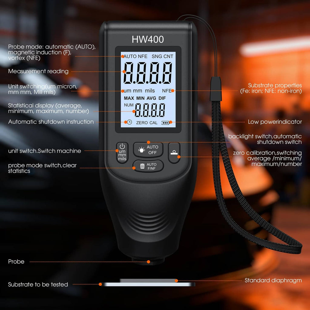 Digital coating thickness gauge front view with probe and labeled control buttons.