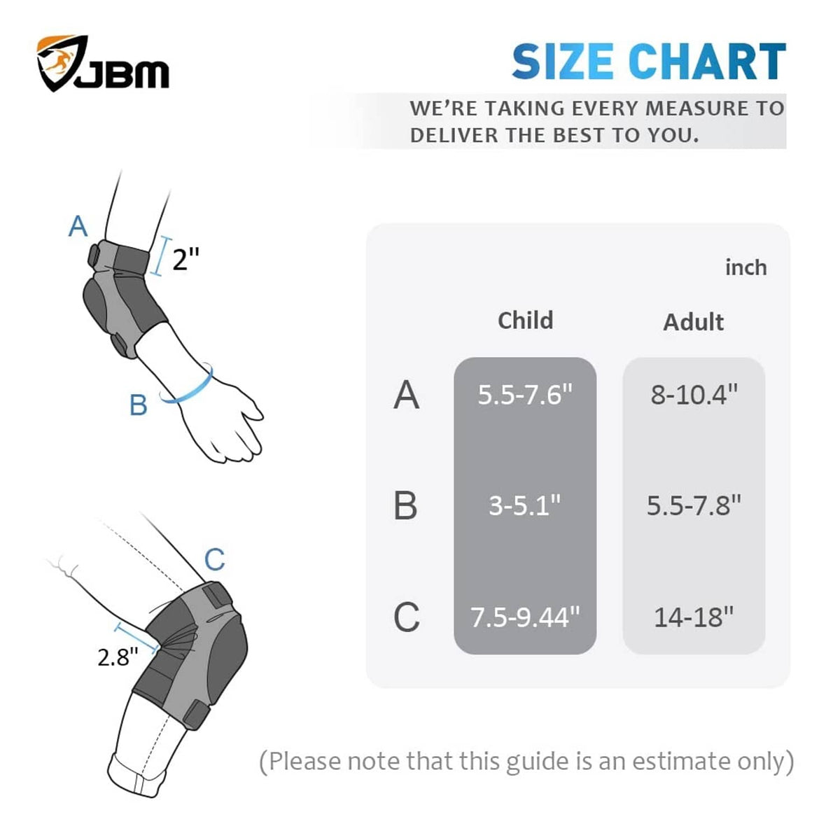 Size chart graphic for black knee, elbow, and wrist guards (child vs adult)