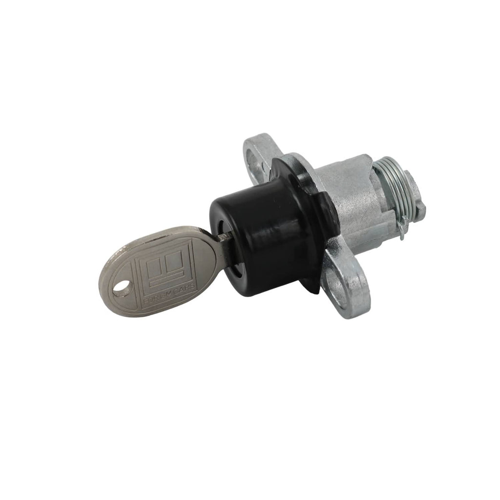 Black lock cylinder with key and silver housing, side view