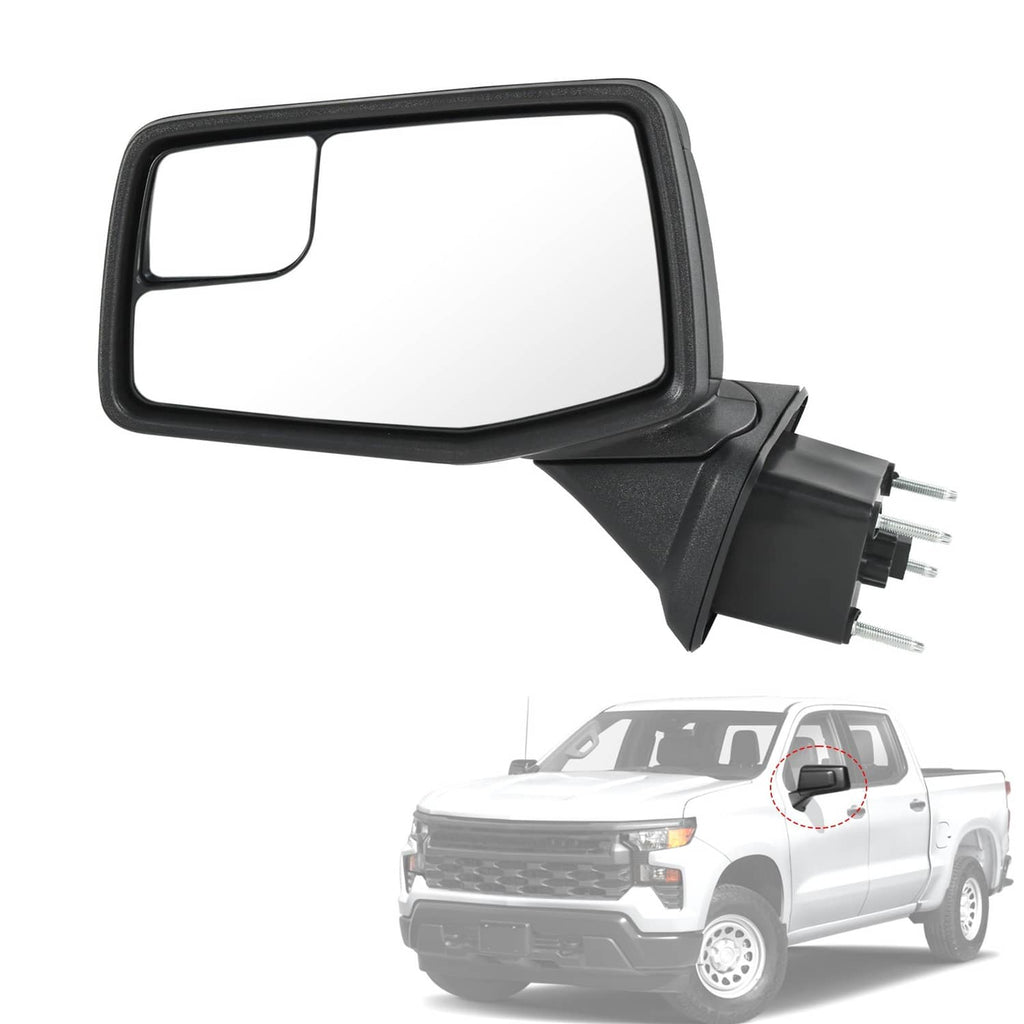Black driver-side door mirror with clear glass and metal mounting connector pins