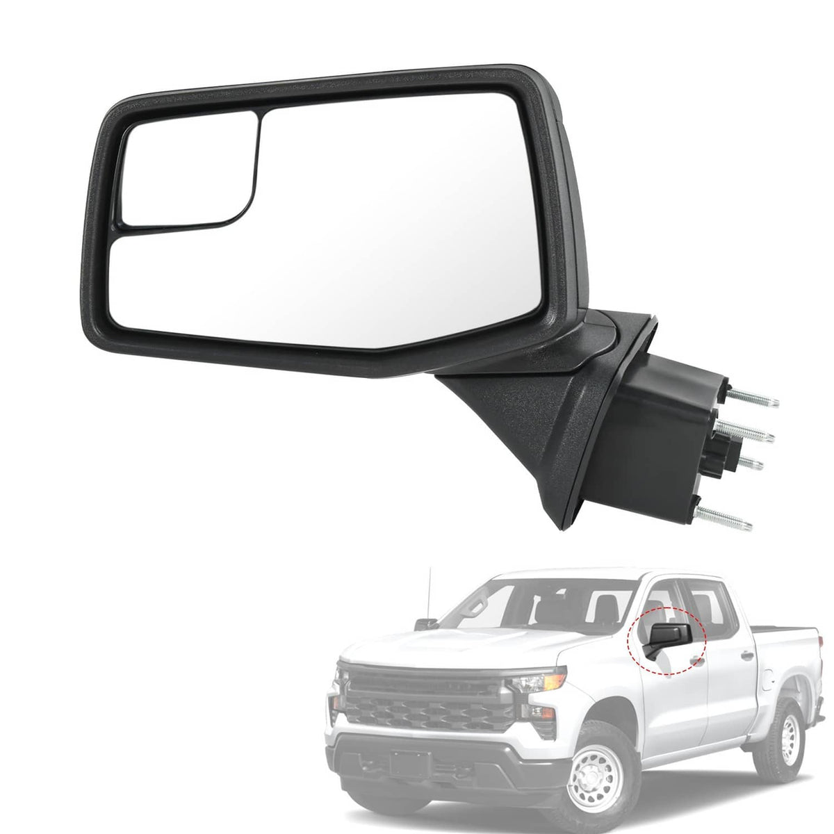 Black driver-side door mirror with clear glass and metal mounting connector pins
