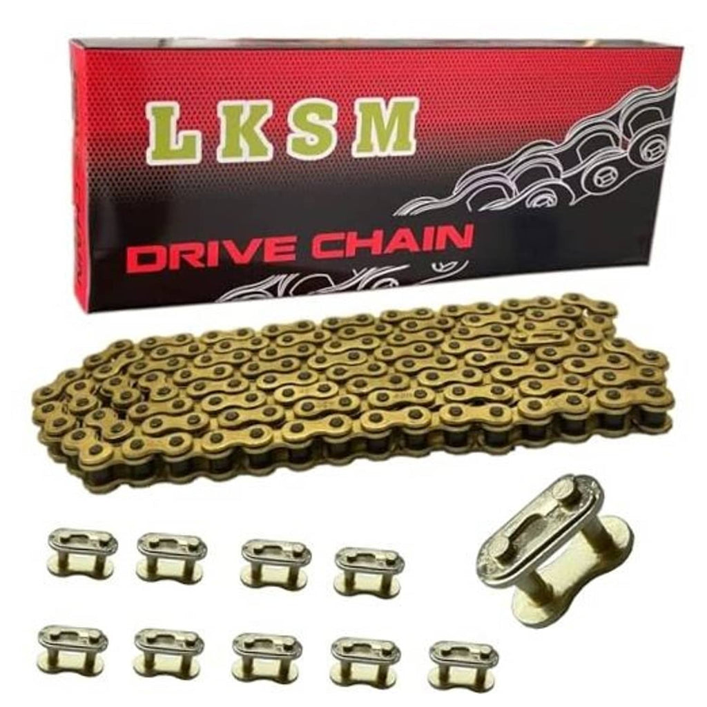 Gold motorcycle roller chain with round link pins and connecting plate