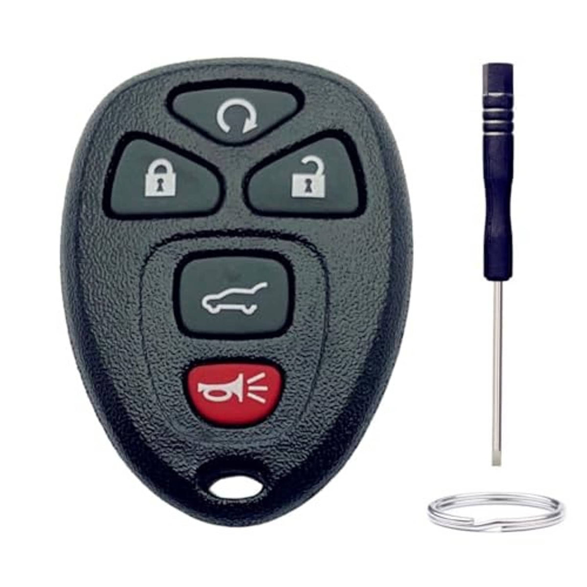 Dark 5-button key fob shell with icons, metal key blade, and return spring