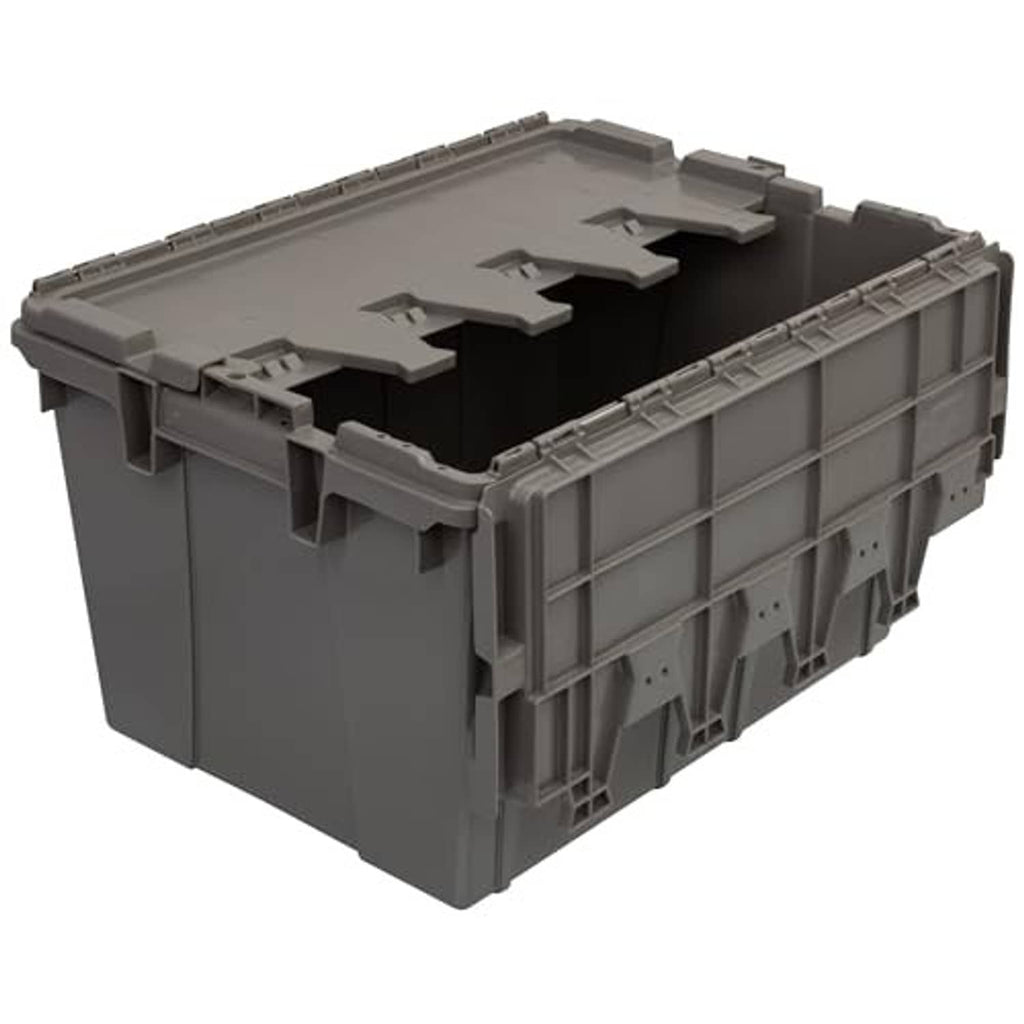 Grey plastic lidded storage container with recessed lid and stackable side design