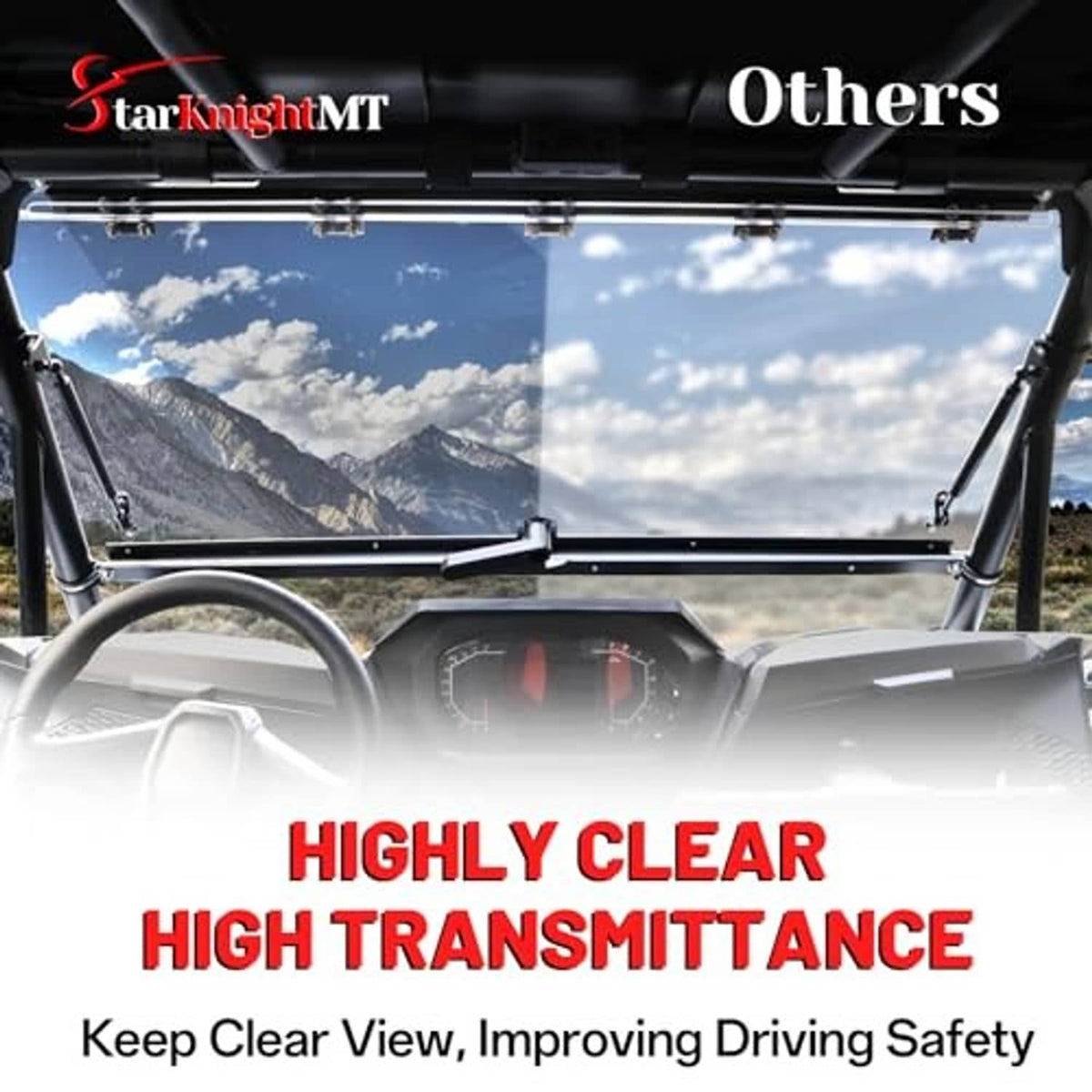 UTV clear windshield panel mounted on the front roll cage