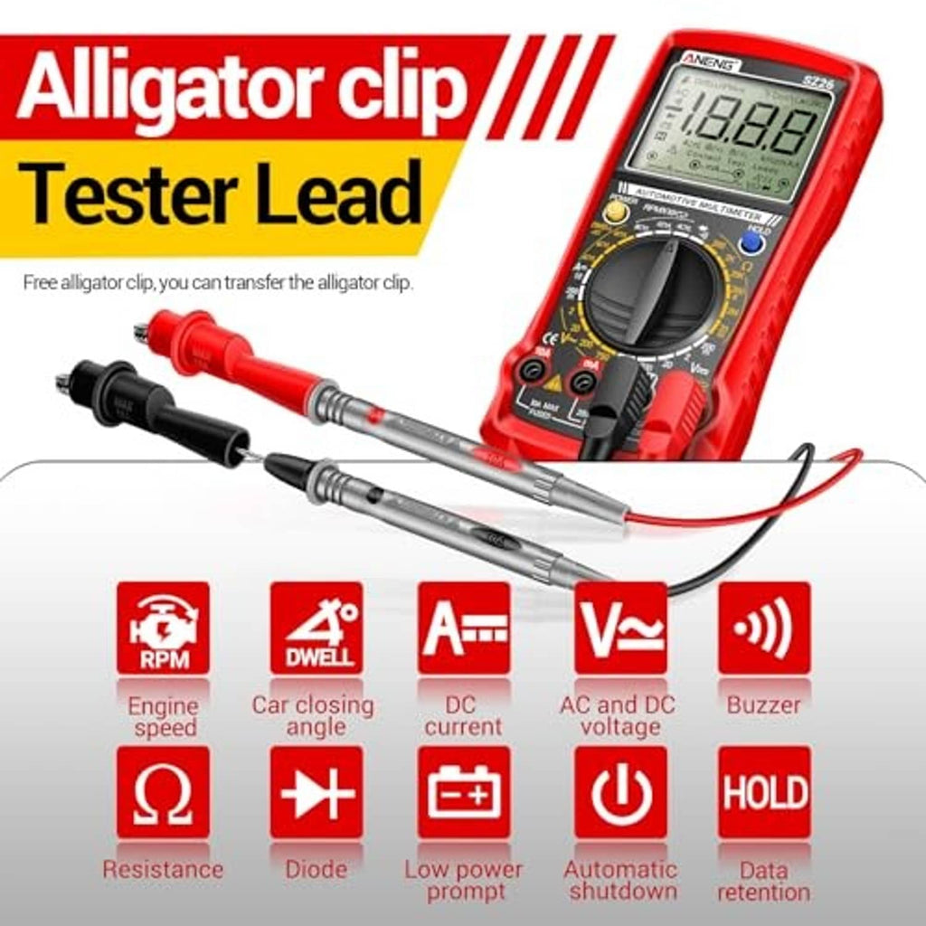 Red digital multimeter with two alligator-clip test leads and insulated probe wires