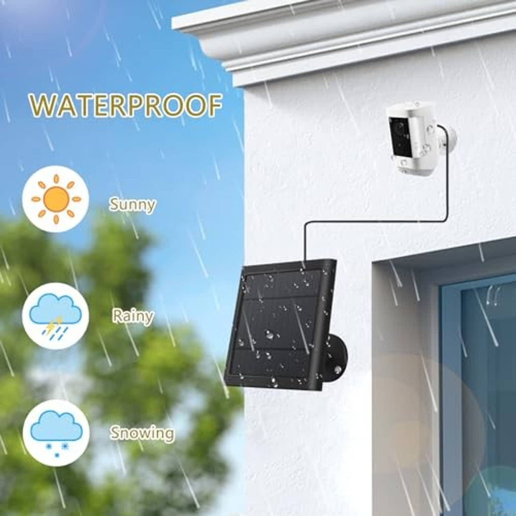 Weatherproof black solar panel charging for a wall-mounted security light on a house