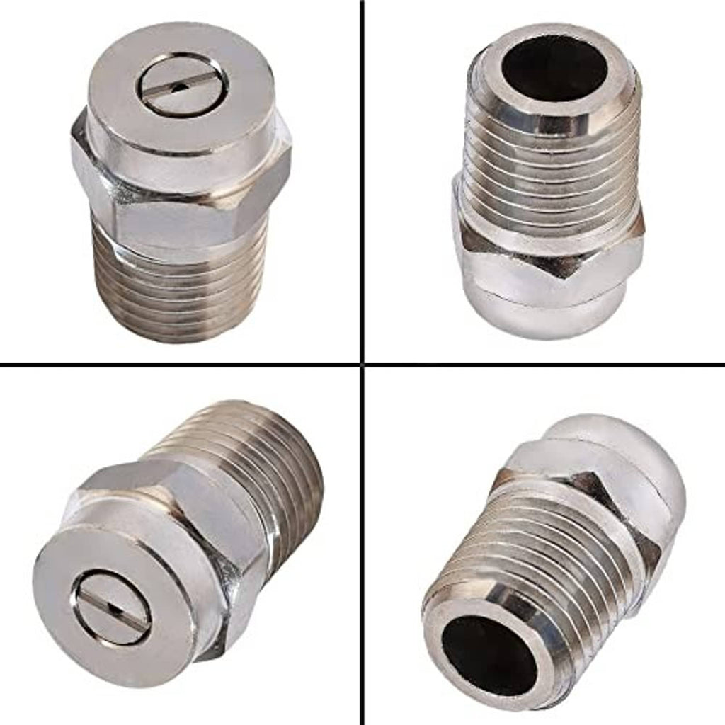 Pressure washer threaded spray nozzle tip shown from multiple angles, silver metal