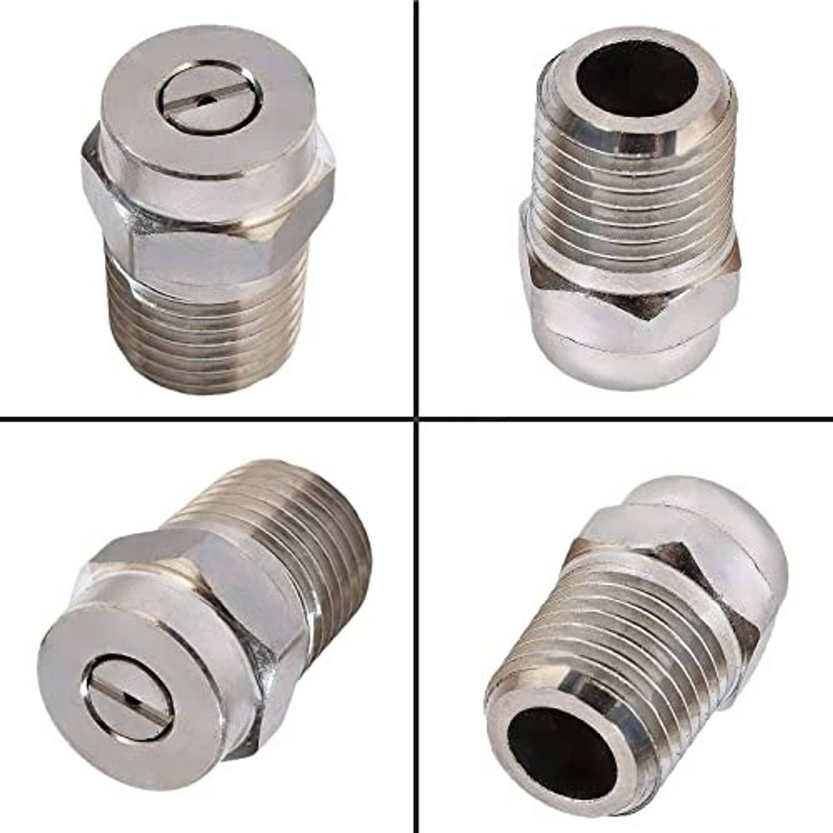Pressure washer threaded spray nozzle tip shown from multiple angles, silver metal