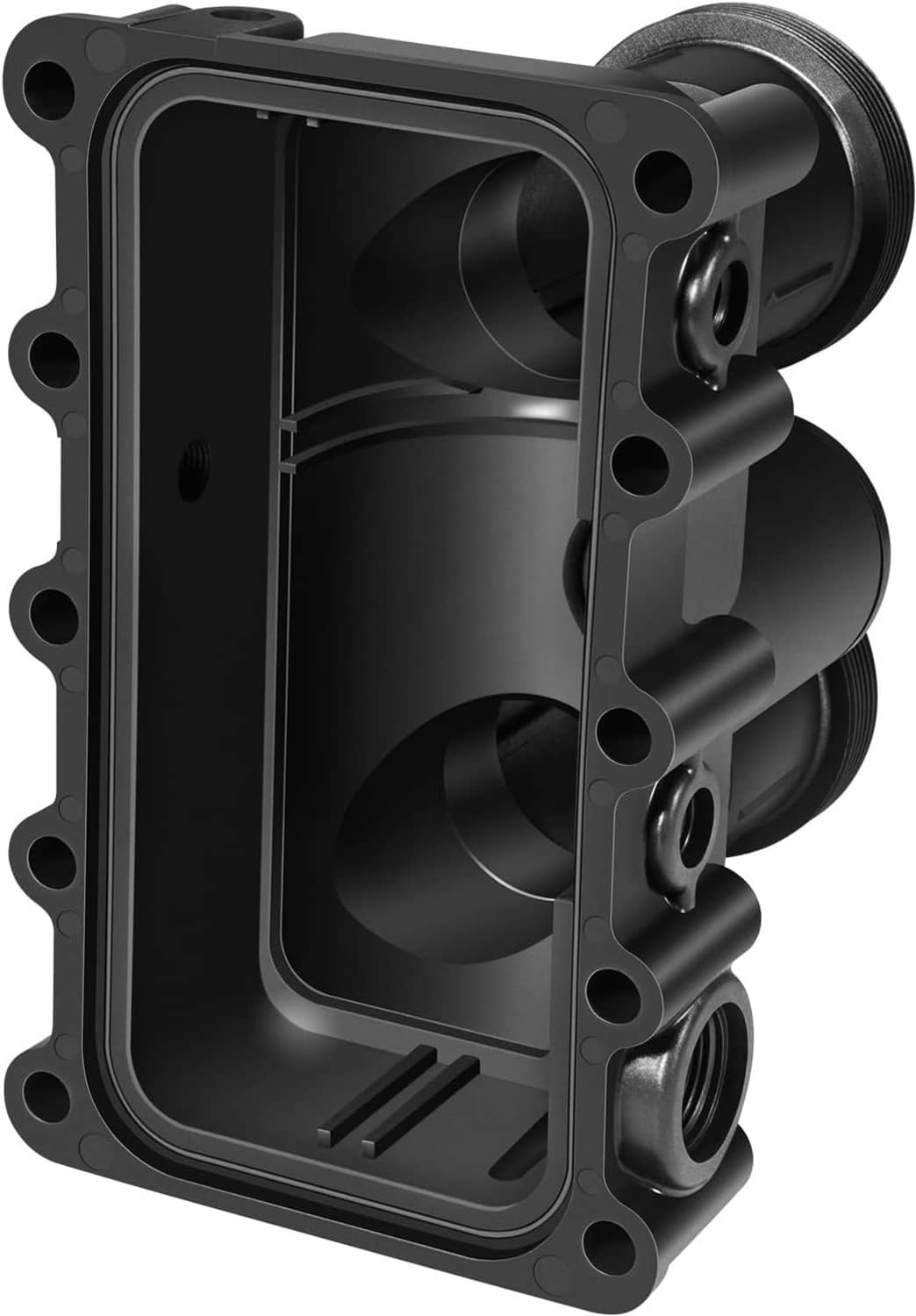 Manifold housing part with rectangular cavity, circular ports, and bolt holes