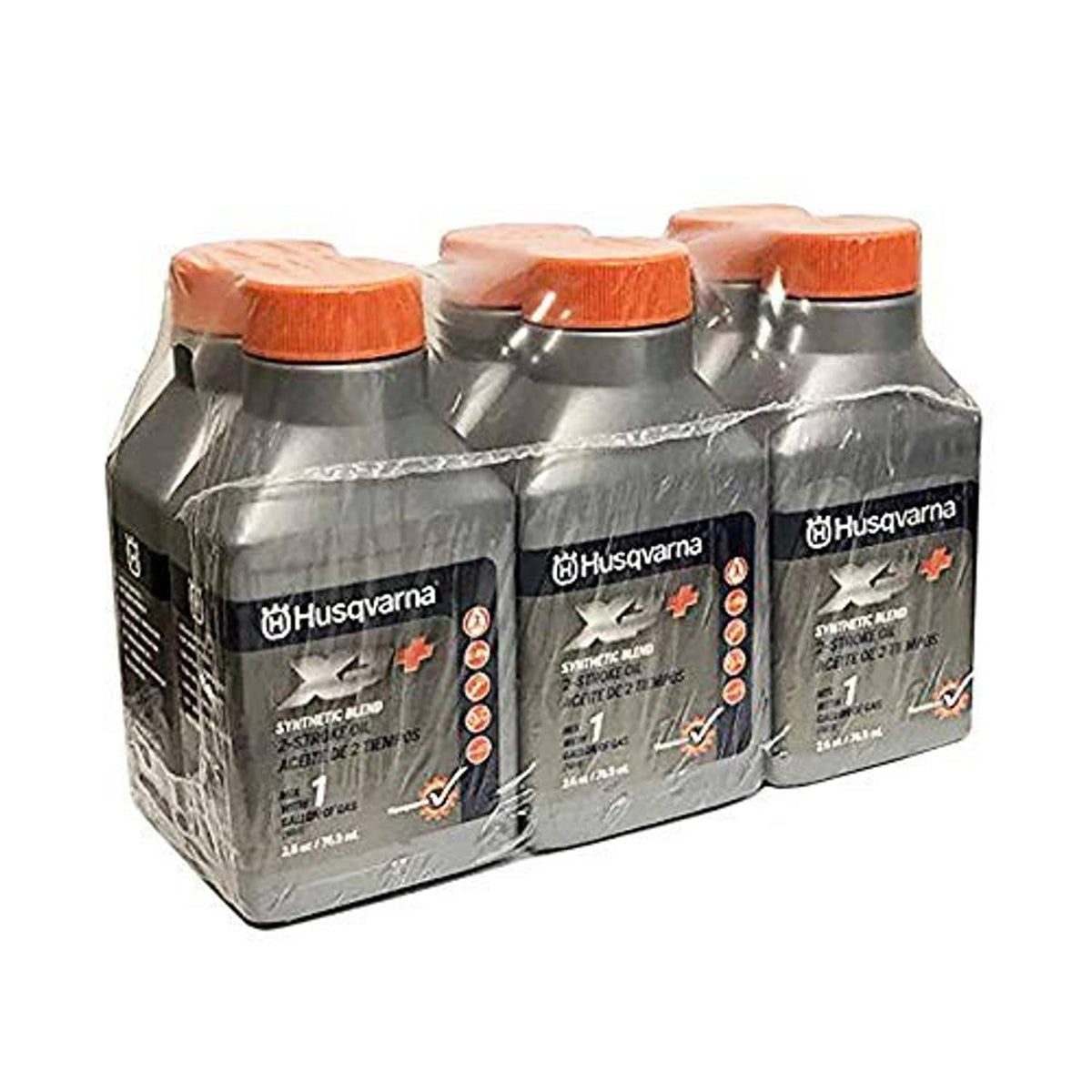 6-pack Husqvarna XP+ 2-stroke oil bottles, 2.6 oz each, orange caps.