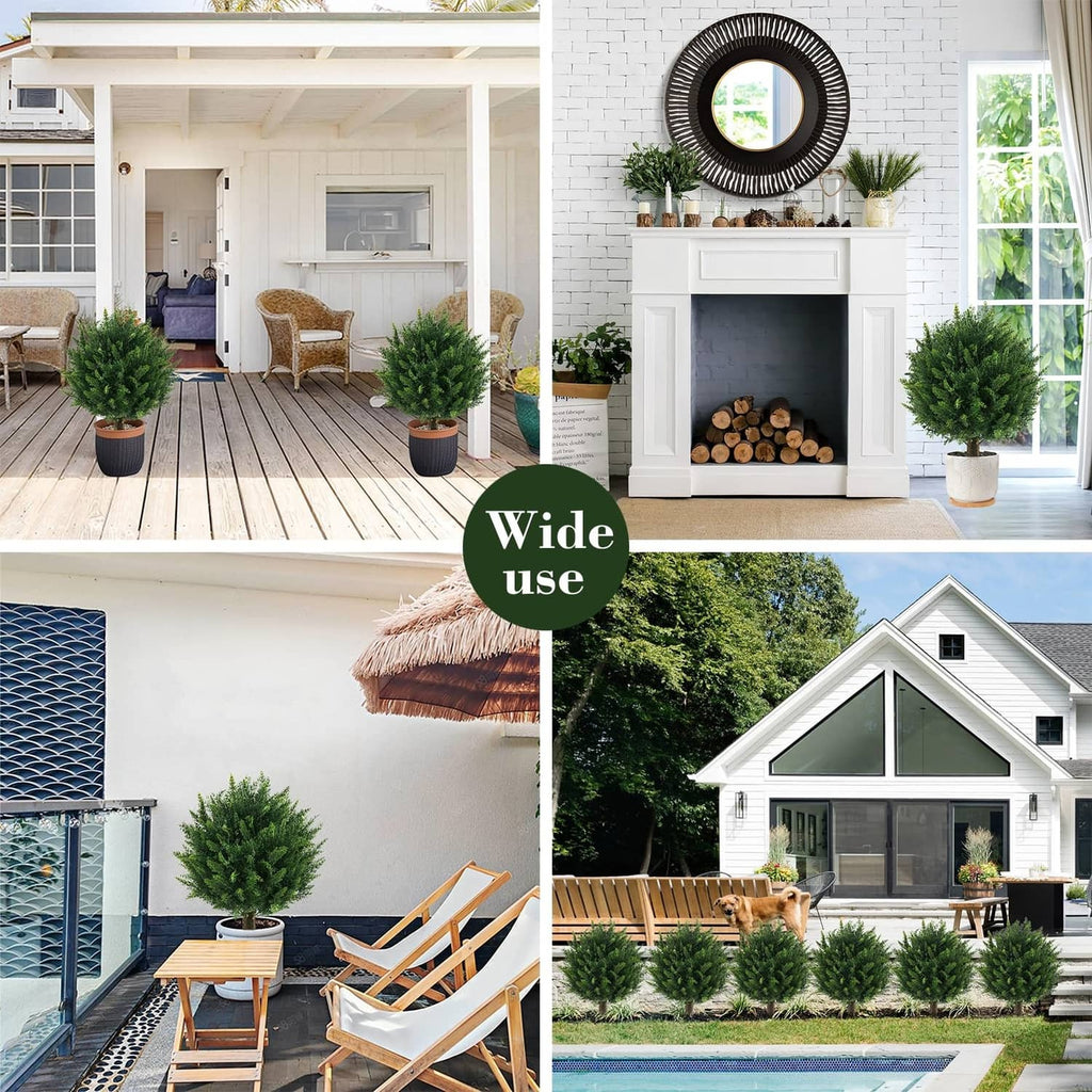 Two artificial cedar ball topiary trees in outdoor planters for yard and patio