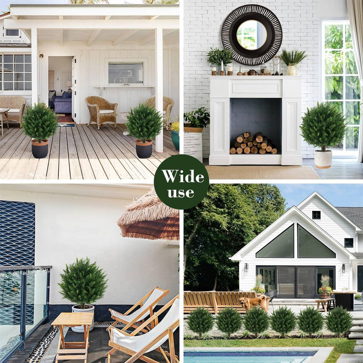 Two artificial cedar ball topiary trees in outdoor planters for yard and patio