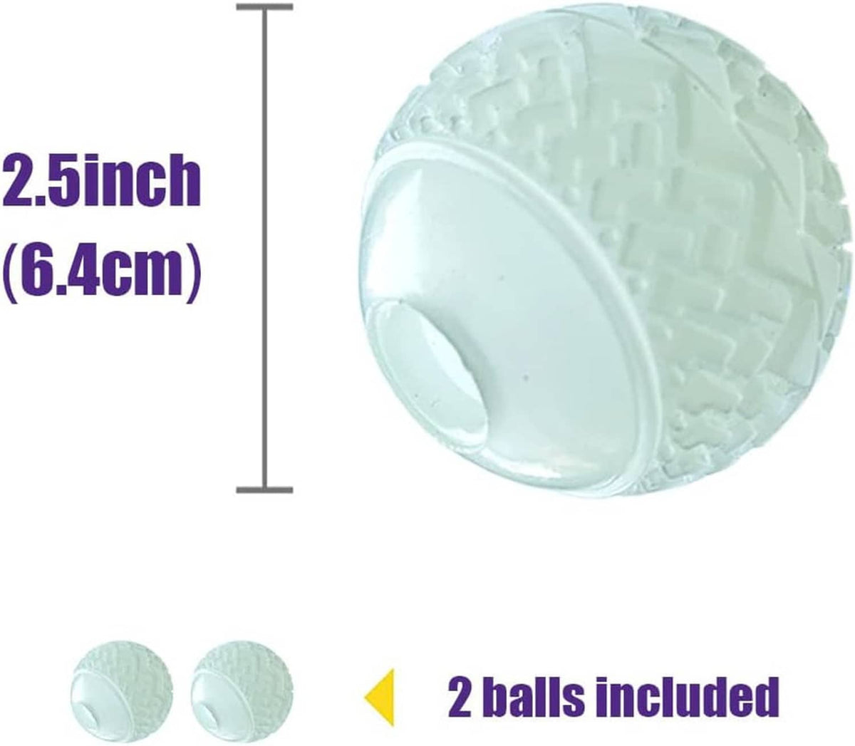 2.5-inch round glow ball dog toy, smooth face with textured grip pattern; two pack.