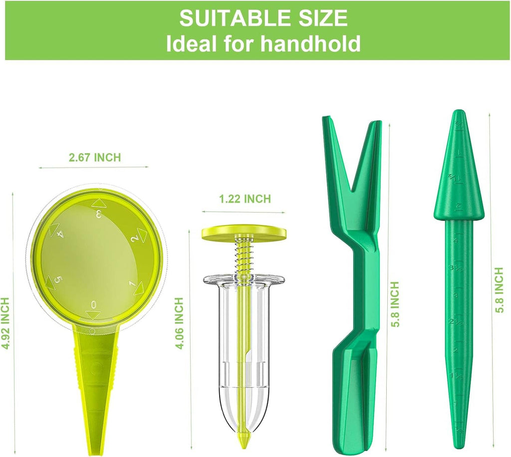 Green handheld seed dispenser with clear seed chamber and outlet settings