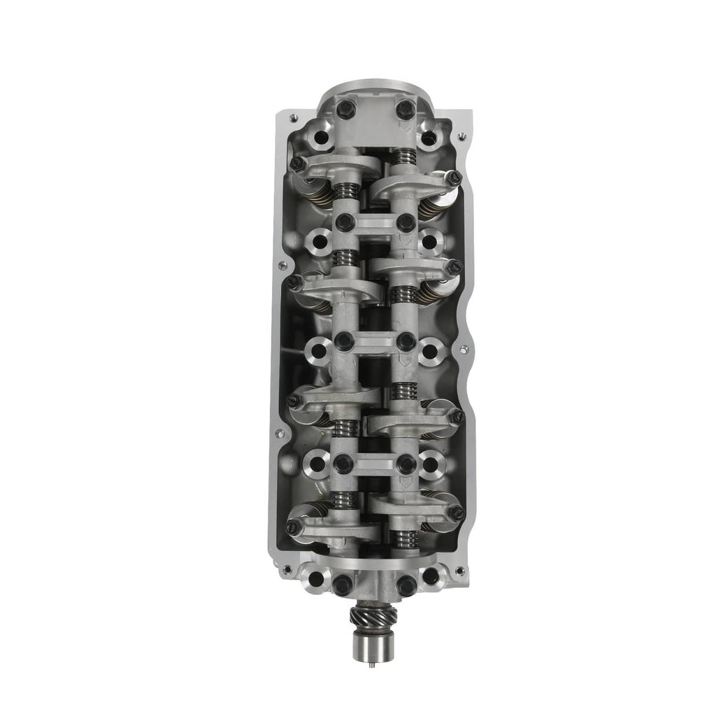 Cylinder head assembly end view showing internal passages and rocker components